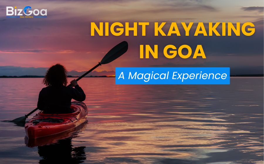 Kayaker paddling under moonlight in Goa backwaters surrounded by glowing bioluminescent water and mangrove trees
