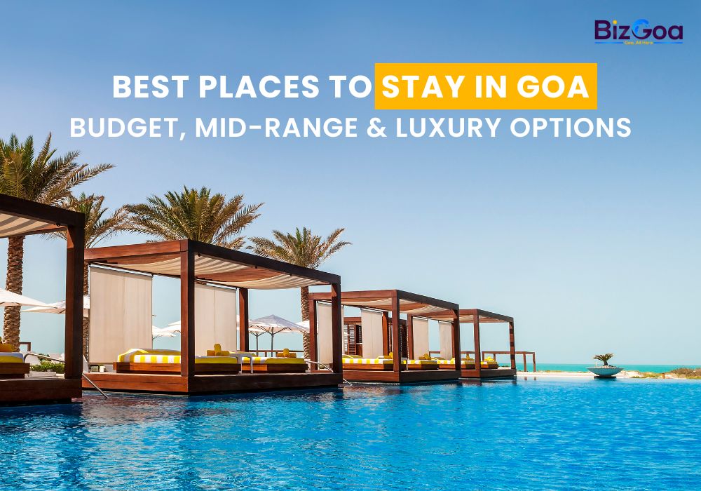 Scenic beachfront resort in Goa with palm trees, sunset, and beach huts for tourists