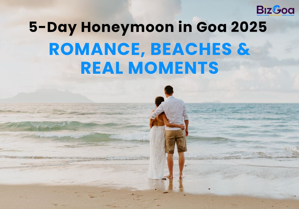 Couple enjoying a romantic honeymoon on Goa beach with sunset and palm trees in 2025