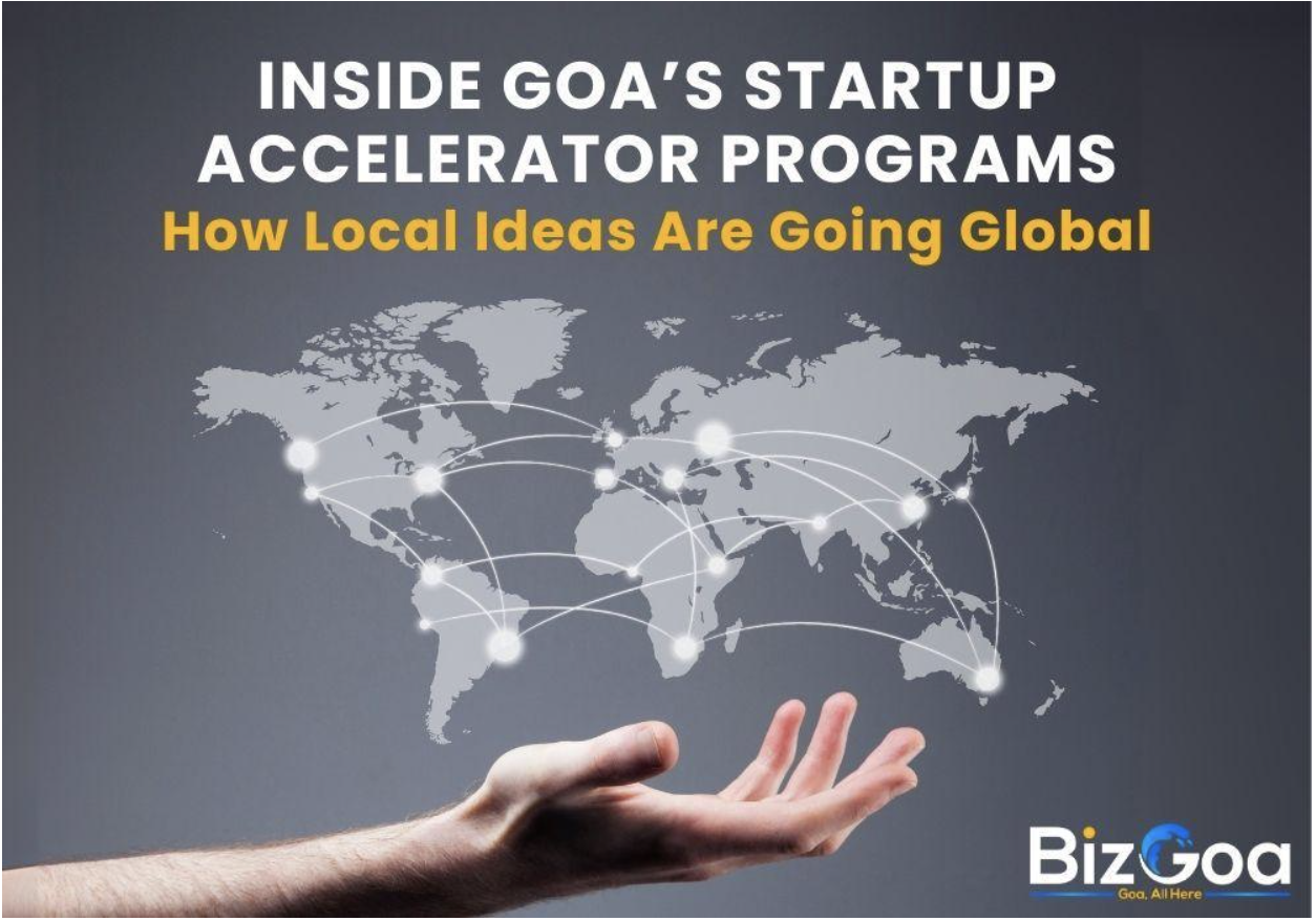 Goa startup accelerator event with entrepreneurs pitching ideas for global expansion in a vibrant coworking space in 2025