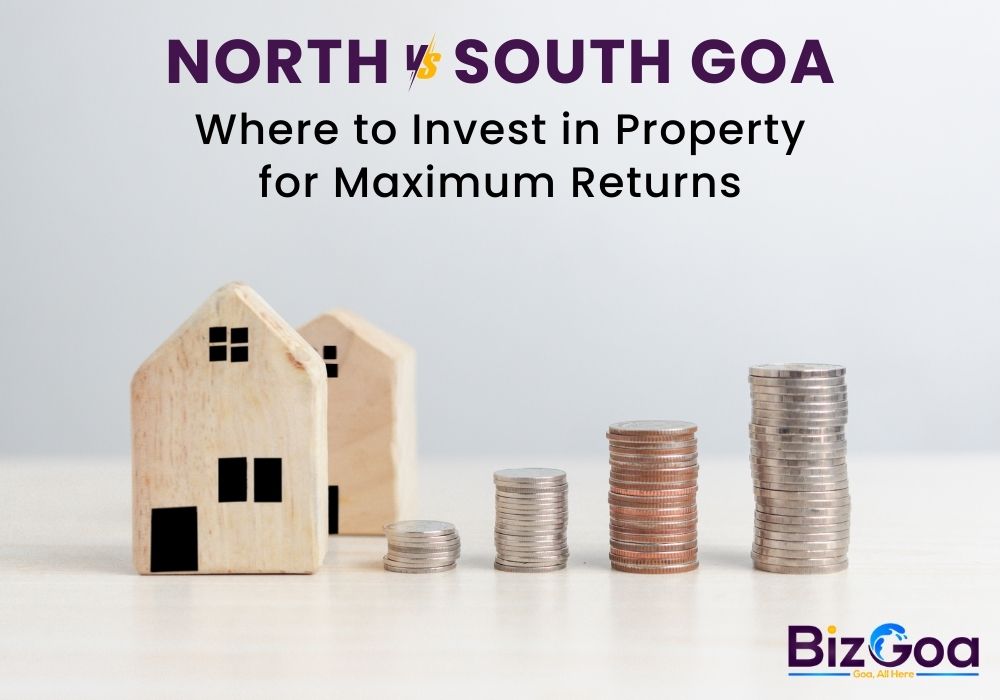 Split-screen view of North Goa nightlife vs. South Goa serene beaches for property investment