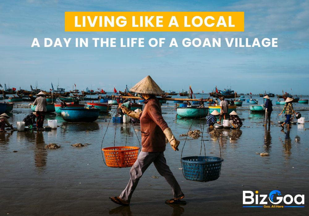 A serene Goan village with traditional houses, lush greenery, and locals going about daily life